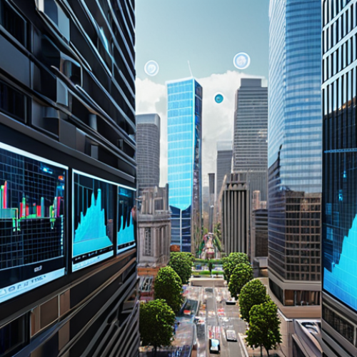 Home 4 **
A futuristic cityscape with holographic financial data overlays, showcasing augmented reality (AR) visualizations of stock charts and investment opportunities projected onto buildings. The scene emphasizes real-time financial data and simulated investment scenarios, highlighting the integration of AR in finance.
**