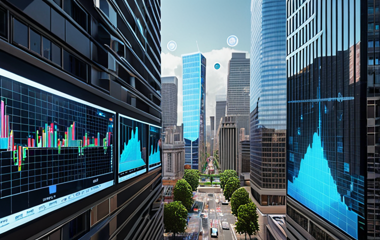 **
A futuristic cityscape with holographic financial data overlays, showcasing augmented reality (AR) visualizations of stock charts and investment opportunities projected onto buildings. The scene emphasizes real-time financial data and simulated investment scenarios, highlighting the integration of AR in finance.
**
