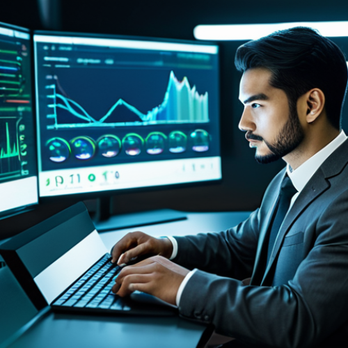Home 23 A male professional in a modest, dark grey business suit with a crisp white shirt, sitting at a sleek, futuristic desk. He is deeply focused on a transparent digital display showing intricate blockchain data, complex financial charts, and smart contract code, reflecting soft blue and green light onto his face. The background is a modern research lab, subtly featuring abstract representations of interconnected network nodes and glowing data streams. Photorealistic, professional photography, high detail, sharp focus, fully clothed, appropriate attire, modest clothing, professional dress, safe for work, appropriate content, professional, perfect anatomy, correct proportions, natural pose, well-formed hands, proper finger count, natural body proportions.