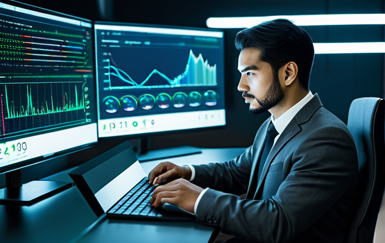 A male professional in a modest, dark grey business suit with a crisp white shirt, sitting at a sleek, futuristic desk. He is deeply focused on a transparent digital display showing intricate blockchain data, complex financial charts, and smart contract code, reflecting soft blue and green light onto his face. The background is a modern research lab, subtly featuring abstract representations of interconnected network nodes and glowing data streams. Photorealistic, professional photography, high detail, sharp focus, fully clothed, appropriate attire, modest clothing, professional dress, safe for work, appropriate content, professional, perfect anatomy, correct proportions, natural pose, well-formed hands, proper finger count, natural body proportions.