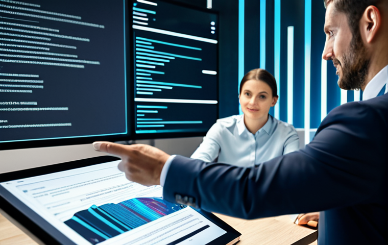 Modern Office & Smart Contract Interface**
"A clean, modern office environment with a blurred background showing colleagues working. In the foreground, a stylish Italian professional (man or woman) is reviewing a holographic display showcasing a simplified smart contract interface. The interface features readable code snippets and visual representations of data flow. Appropriate attire, professional dress, fully clothed, safe for work, perfect anatomy, natural proportions, well-formed hands, family-friendly, high quality rendering, professional lighting."
**